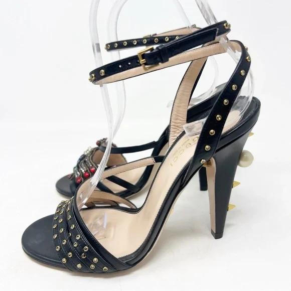 GUCCI WANGY BLACK LEATHER EMBELLISHED PARTY COCKTAIL SANDALS WOMENS SZ 36.5/6.5 - Picture 5 of 10